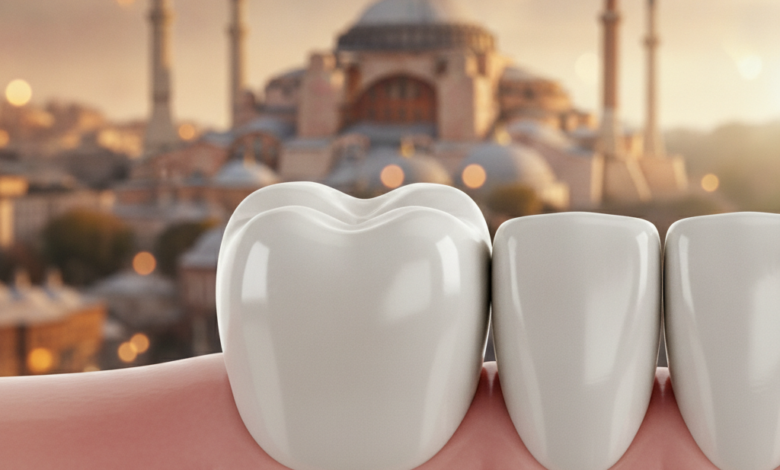 A photorealistic close-up of a pristine, white dental crown on a healthy tooth. In the deeply blurred background, a majestic architectural landmark from Istanbul, Turkey, is subtly visible, indicating the location. The image conveys professional dental care and destination travel.
