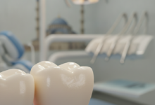 A photorealistic, detailed close-up of a perfectly fitted and natural-looking dental crown on a tooth, set against a blurred background of a modern dental clinic and a very subtle, out-of-focus architectural element hinting at Turkey.