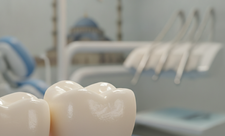 A photorealistic, detailed close-up of a perfectly fitted and natural-looking dental crown on a tooth, set against a blurred background of a modern dental clinic and a very subtle, out-of-focus architectural element hinting at Turkey.