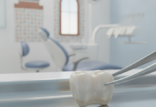 A close-up, sharp photograph of a gleaming, perfectly shaped dental crown, likely made of zirconia, resting on a sterile dental tray or held by tweezers. The background is a soft, blurred modern dental clinic, with indistinct warm-toned architectural elements hinting at Turkey.