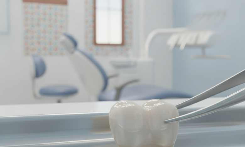 A close-up, sharp photograph of a gleaming, perfectly shaped dental crown, likely made of zirconia, resting on a sterile dental tray or held by tweezers. The background is a soft, blurred modern dental clinic, with indistinct warm-toned architectural elements hinting at Turkey.