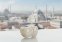 A photorealistic image showcasing a gleaming ceramic dental crown in sharp focus, resting on a sterile, reflective surface inside a bright, modern dental clinic. The background is heavily blurred, revealing faint architectural elements of a Turkish city, suggesting dental tourism.
