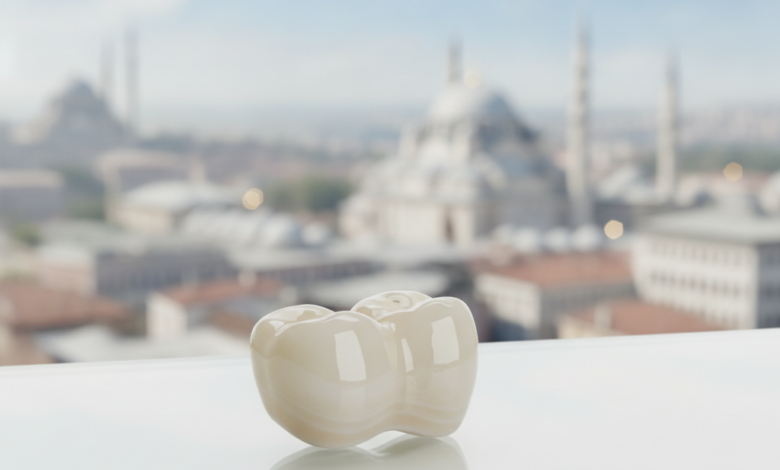 A photorealistic image showcasing a gleaming ceramic dental crown in sharp focus, resting on a sterile, reflective surface inside a bright, modern dental clinic. The background is heavily blurred, revealing faint architectural elements of a Turkish city, suggesting dental tourism.