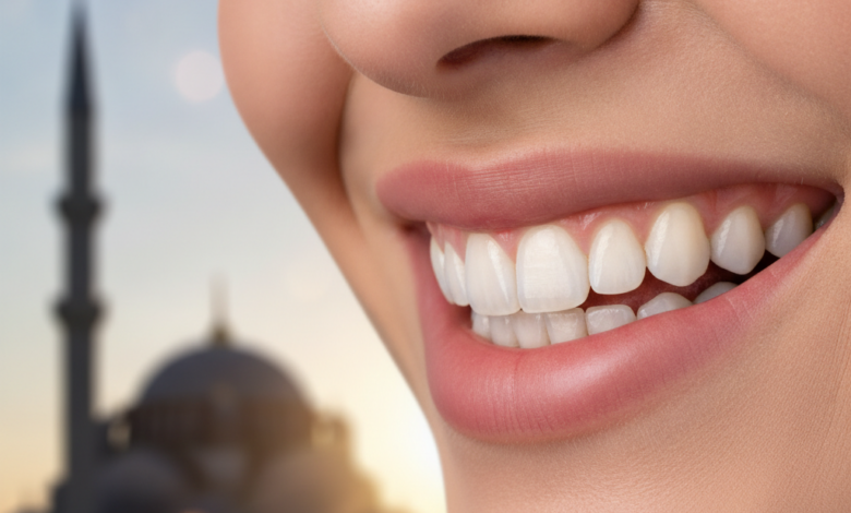 Close-up of a flawless, bright white human smile, subtly featuring a dental crown that blends seamlessly with natural teeth. The background is a beautifully blurred, warm-toned hint of traditional Turkish architecture, like a mosque dome, under cinematic lighting with shallow depth of field.
