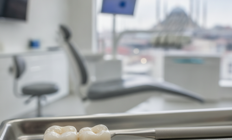 A close-up, highly detailed image of a flawless ceramic dental crown on a sterile dental tray or model. The background is a softly blurred, modern dental clinic with an out-of-focus view of a Turkish city skyline, symbolizing dental tourism in Turkey.