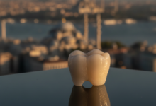 A close-up, photorealistic image of a perfectly crafted, natural-looking dental crown with a softly blurred, modern cityscape of Istanbul, Turkey, in the background.