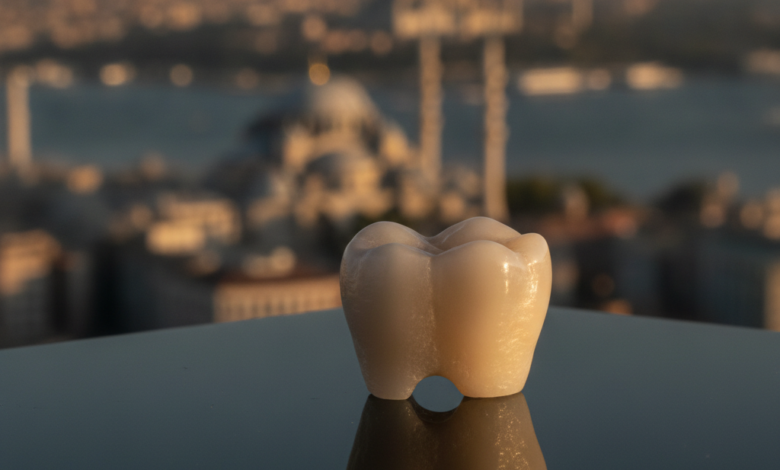 A close-up, photorealistic image of a perfectly crafted, natural-looking dental crown with a softly blurred, modern cityscape of Istanbul, Turkey, in the background.