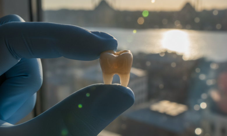 Close-up of a meticulously crafted, natural-looking dental crown held by a gloved hand, symbolizing quality dental care. In the softly blurred background, a sunlit cityscape of Turkey is visible, suggesting medical tourism and the location.
