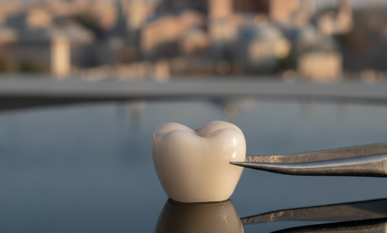 A close-up, photorealistic view of a pristine, natural-looking dental crown, showcasing its intricate details and a lifelike translucency, set against a softly blurred background depicting the architectural grandeur of Istanbul, Turkey.