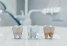 Close-up photorealistic image of several high-quality dental crowns made from different materials, including translucent zirconia, natural E-max, and a PFM crown, resting on a clean white surface. The background is a softly blurred, modern, and high-tech dental clinic interior.