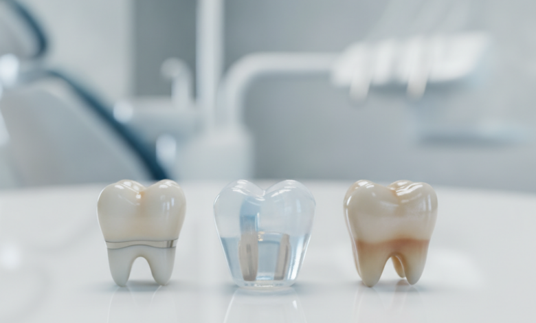 Close-up photorealistic image of several high-quality dental crowns made from different materials, including translucent zirconia, natural E-max, and a PFM crown, resting on a clean white surface. The background is a softly blurred, modern, and high-tech dental clinic interior.
