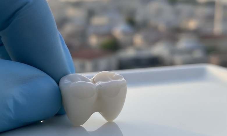A brilliant white, perfectly crafted ceramic dental crown in sharp focus, with a very softly blurred background showing the architectural silhouette of Istanbul, Turkey.