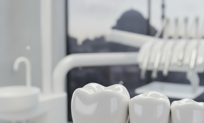 A close-up, photorealistic image of a perfectly fitted and gleaming dental crown on a tooth, set in a modern, brightly lit dental clinic. The background is softly blurred, showing abstract clinic equipment and a faint, indistinct silhouette of a Turkish cityscape through a window.