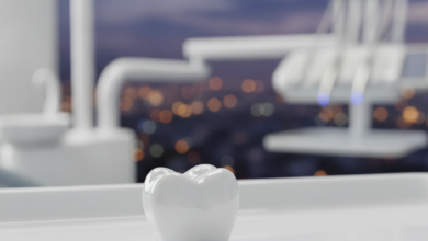 A close-up, photorealistic image of a perfectly sculpted, gleaming white dental crown, set against a softly blurred background of a high-tech dental clinic. In the far distance, a very indistinct and blurred Turkish cityscape is visible, suggesting the location. The image emphasizes high quality and precision.