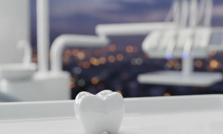 A close-up, photorealistic image of a perfectly sculpted, gleaming white dental crown, set against a softly blurred background of a high-tech dental clinic. In the far distance, a very indistinct and blurred Turkish cityscape is visible, suggesting the location. The image emphasizes high quality and precision.