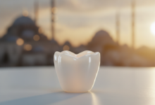 A close-up, detailed, and luminous ceramic dental crown, resting on a clean white surface, with a very softly blurred background of a warm Turkish cityscape.