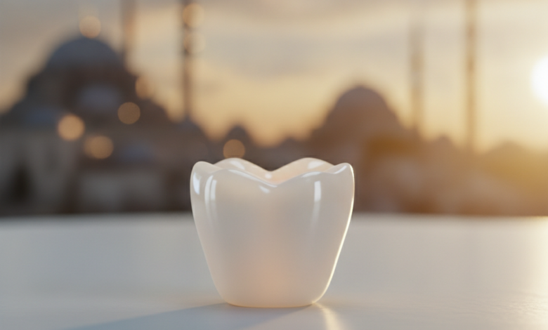 A close-up, detailed, and luminous ceramic dental crown, resting on a clean white surface, with a very softly blurred background of a warm Turkish cityscape.