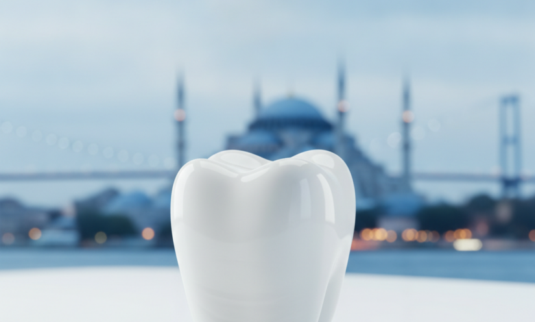 Close-up of a perfectly white, flawless dental crown on a clean, subtly reflective surface. In the soft-focus background, a blurred silhouette of an iconic Turkish landmark is visible, symbolizing dental tourism and advanced dental care.