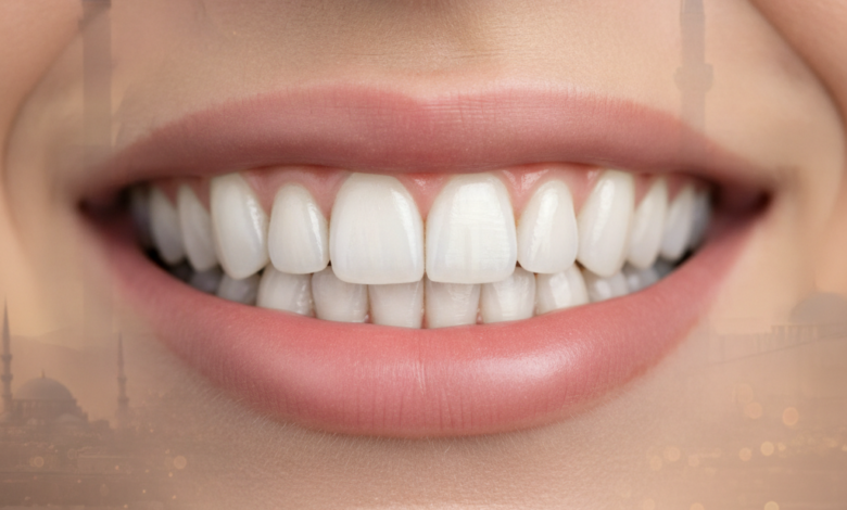 Close-up of a radiant, perfect smile with bright, natural-looking teeth, implying successful dental crown treatment. The background is a soft blur of a modern dental clinic interior and an indistinct Istanbul city skyline through a window.