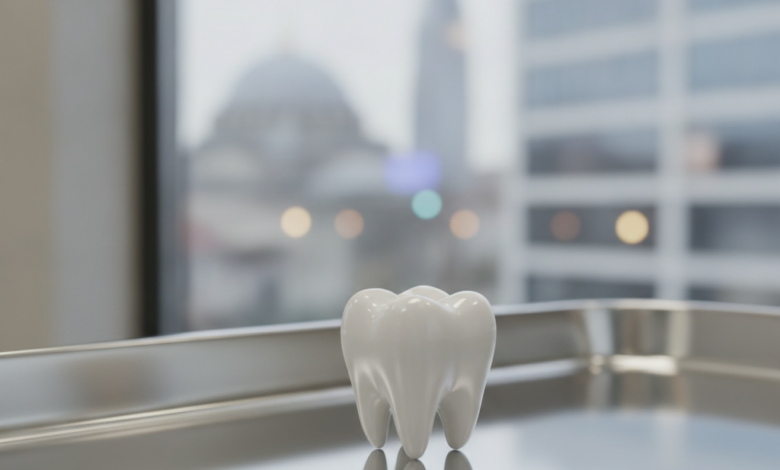 A photorealistic, detailed close-up of a perfectly white and natural-looking dental crown, positioned on a clean, reflective surface. The background is softly blurred, showing hints of a modern dental clinic setting with bright, professional lighting, subtly suggesting an international medical destination.