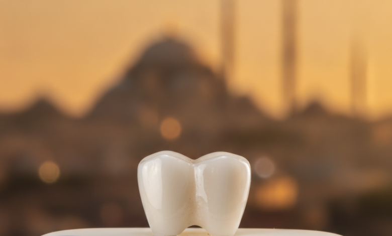 A photorealistic, ultra-detailed close-up of a single, flawless dental crown, appearing to be made of high-quality ceramic material like zirconia or E-max. The crown is in sharp focus, resting on a sterile, minimalist surface, showcasing its natural translucency and shape. In the soft, out-of-focus background, a warm-toned, indistinct silhouette of a Turkish city skyline, possibly Istanbul, is visible under a gentle light. There is no text present in the image.