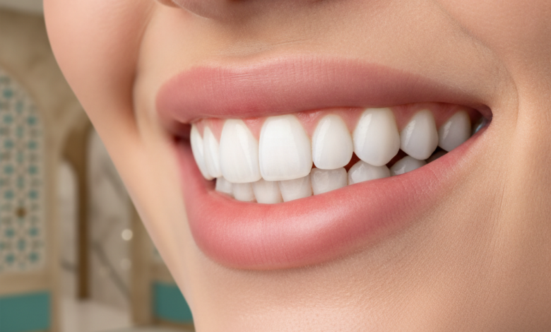 Close-up of a perfect, bright white smile with healthy teeth, suggesting the successful application of dental crowns, set against a softly blurred background of a sophisticated, modern dental clinic in Turkey.