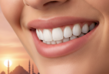 Close-up, photorealistic image of a radiant, healthy smile with perfectly aligned, white teeth, indicating successful dental crown treatment. The background is softly blurred, showing a distant, sunlit cityscape or architectural elements suggestive of Turkey.