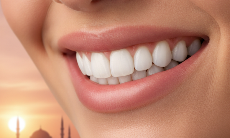 Close-up, photorealistic image of a radiant, healthy smile with perfectly aligned, white teeth, indicating successful dental crown treatment. The background is softly blurred, showing a distant, sunlit cityscape or architectural elements suggestive of Turkey.