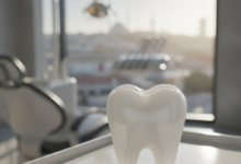 A close-up, photorealistic image of a perfectly shaped, natural-looking white dental crown, gleaming with soft light. The background is a highly blurred modern dental clinic setting with a hint of a sunlit urban landscape, suggesting a location in Turkey.
