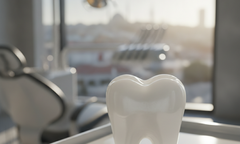 A close-up, photorealistic image of a perfectly shaped, natural-looking white dental crown, gleaming with soft light. The background is a highly blurred modern dental clinic setting with a hint of a sunlit urban landscape, suggesting a location in Turkey.