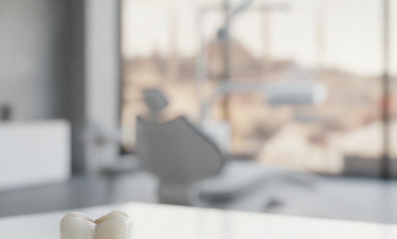 A photorealistic close-up of a pristine, white ceramic dental crown, perfectly shaped and detailed, sitting on a clean, light surface. The background is softly blurred, showing hints of a modern dental clinic environment and a distant, indistinct Turkish city skyline through a window.