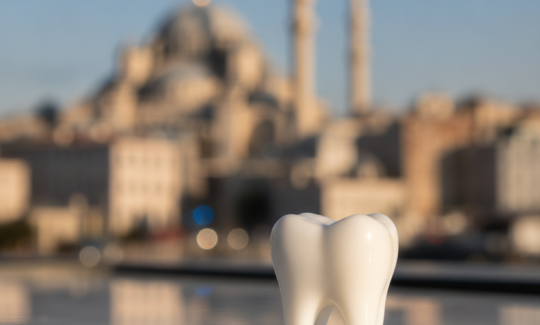 A close-up, photorealistic image of a sparkling white dental crown resting on a polished, sterile-looking surface. The background is softly blurred, showing a warm Turkish cityscape with a distinct dome and a minaret under a bright sky, suggesting dental tourism in Turkey.