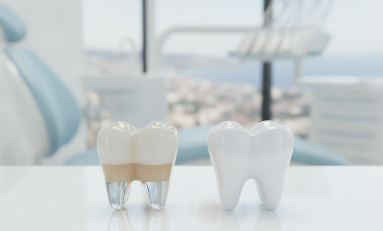 Close-up of two perfect, luminous dental crowns on a reflective surface, one appearing translucent and the other solid white, set against a softly blurred background hinting at a modern dental clinic and a distant Turkish cityscape.