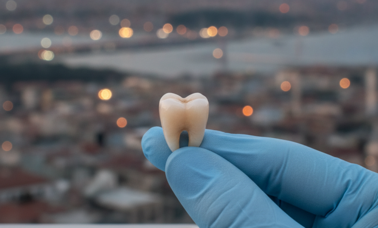 Close-up of a perfectly crafted, natural-looking dental crown on a gloved fingertip or dental tray. The background shows a beautifully blurred, warm-toned Turkish city skyline, hinting at a modern dental tourism destination.