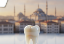A photorealistic close-up of a perfectly formed, gleaming ceramic dental crown in sharp focus. The background is a softly blurred, modern Turkish cityscape with clean architecture and ambient lighting, emphasizing high-quality dental care in an international setting.