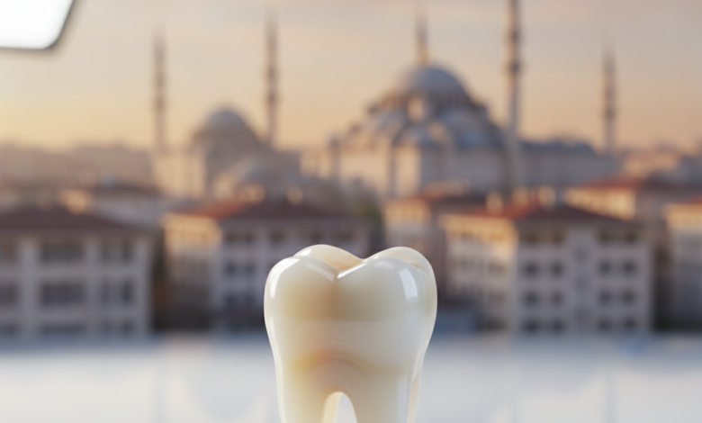 A photorealistic close-up of a perfectly formed, gleaming ceramic dental crown in sharp focus. The background is a softly blurred, modern Turkish cityscape with clean architecture and ambient lighting, emphasizing high-quality dental care in an international setting.