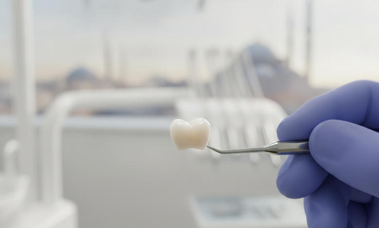 Close-up of a radiant, perfectly formed dental crown held by gloved hands against a blurred backdrop of a modern dental clinic and a soft-focus Turkish cityscape, symbolizing high-quality dental tourism.