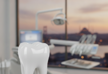 A photorealistic close-up of a perfectly formed, bright white tooth, symbolizing a dental crown, set against a highly blurred background of the Istanbul skyline at dusk, representing dental tourism in Turkey.