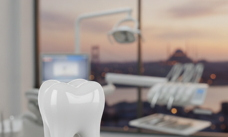 A photorealistic close-up of a perfectly formed, bright white tooth, symbolizing a dental crown, set against a highly blurred background of the Istanbul skyline at dusk, representing dental tourism in Turkey.