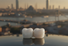 A close-up, sharp focus image of a pristine, white dental crown, with the blurred cityscape of Istanbul, Turkey, visible in the soft background.