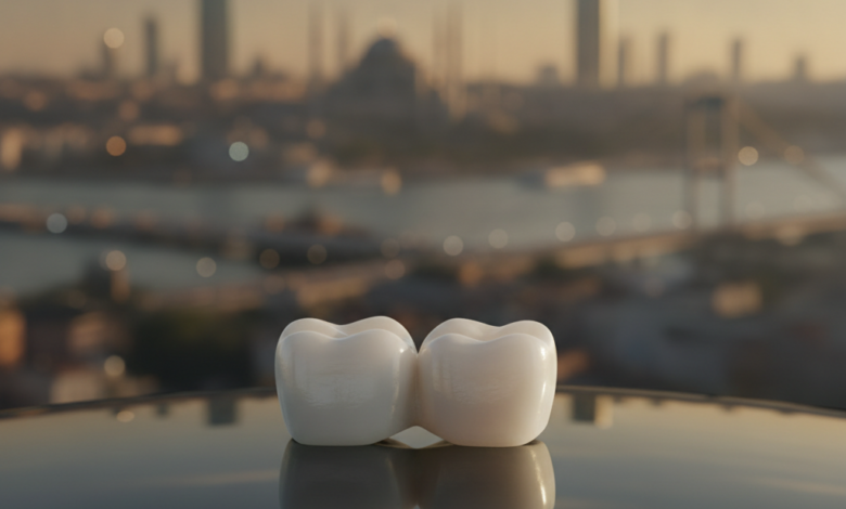 A close-up, sharp focus image of a pristine, white dental crown, with the blurred cityscape of Istanbul, Turkey, visible in the soft background.
