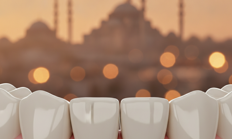 Close-up, photorealistic image showcasing perfectly aligned, brilliant white dental crowns, representing high-quality dental restoration and a natural-looking smile. In the softly blurred background, a modern Turkish cityscape with iconic architectural outlines, bathed in warm golden hour light. The image uses cinematic lighting and shallow depth of field, with no visible text or people.