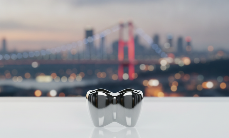 A close-up, photorealistic view of a gleaming, perfectly crafted white dental crown, positioned centrally with a shallow depth of field. In the blurred background, a modern Turkish city skyline featuring a bridge and city lights is discernible, suggesting Istanbul. The image highlights precision and advanced dental care.