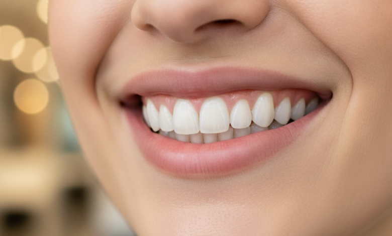 Close-up of a person smiling brightly, revealing perfectly aligned, natural-looking white teeth that suggest successful dental crown treatment. The background is a softly blurred, modern dental clinic environment.