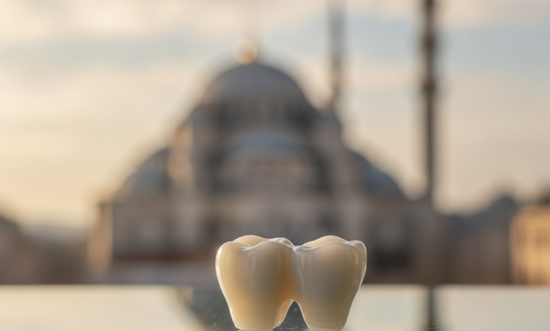A close-up, photorealistic image of a perfectly crafted, natural-looking white dental crown resting on a sterile, reflective surface. In the heavily blurred background, the distinct silhouette of a mosque dome and minaret against a bright sky subtly indicates Turkey, emphasizing high-quality dental tourism.