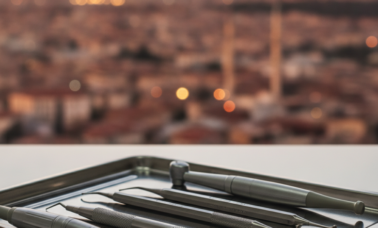 A close-up, photorealistic image of sterile, gleaming dental instruments neatly arranged on a modern, reflective surface in a professional dental clinic. The background features a softly blurred, generic cityscape of Turkey at dusk, suggesting dental tourism and high-quality care.