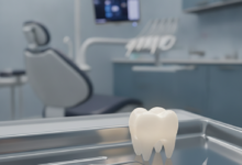 A highly detailed, photorealistic image of a sparkling white dental crown, showcasing its natural translucency and perfect form. The crown rests on a sterile, metallic dental instrument tray. The background is softly blurred, revealing a modern and clean dental clinic environment with advanced equipment, suggesting precision and high standards of dental care.