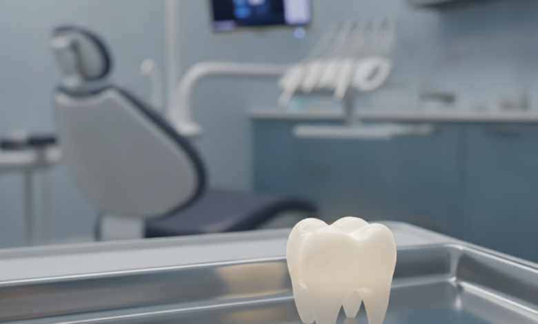 A highly detailed, photorealistic image of a sparkling white dental crown, showcasing its natural translucency and perfect form. The crown rests on a sterile, metallic dental instrument tray. The background is softly blurred, revealing a modern and clean dental clinic environment with advanced equipment, suggesting precision and high standards of dental care.