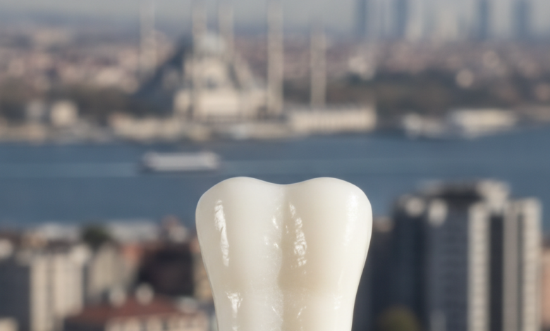 A close-up, photorealistic image of a perfectly shaped, brilliant white dental crown, with a modern, blurred cityscape of Istanbul, Turkey in the background. The image has soft, professional lighting and a shallow depth of field, focusing on the crown.