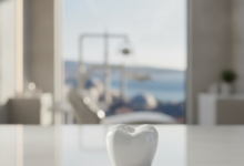 A highly detailed, photorealistic image of a perfect white dental crown, in sharp focus, resting on a clean surface. The background is softly blurred, showing a hint of a modern dental clinic and a distant, indistinct Turkish cityscape or landscape.